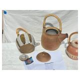 Charming Earthenware Teapot Group with Bamboo Handles