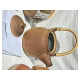 Charming Earthenware Teapot Group with Bamboo Handles
