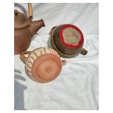 Charming Earthenware Teapot Group with Bamboo Handles