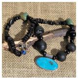 Sterling Silver Turquoise Pendant Necklace * Black Bead and Garnet