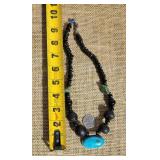 Sterling Silver Turquoise Pendant Necklace * Black Bead and Garnet