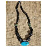 Sterling Silver Turquoise Pendant Necklace * Black Bead and Garnet