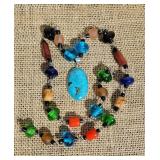 Colorful Art Glass Bead Necklace with 925 Turquoise Pendant