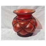 Mid-Century Modern Studio Art Glass Vase with Metal Wire Accent