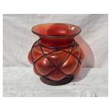 Mid-Century Modern Studio Art Glass Vase with Metal Wire Accent