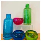 Set of 5  Art Glass Style Vases and Crate and Barrel Tealight Holders