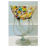 15-Inch Multicolored Art Glass Pedestal Bowl with Abstract Pattern
