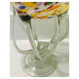 15-Inch Multicolored Art Glass Pedestal Bowl with Abstract Pattern
