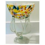 15-Inch Multicolored Art Glass Pedestal Bowl with Abstract Pattern