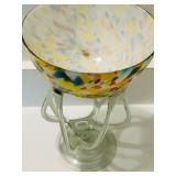 15-Inch Multicolored Art Glass Pedestal Bowl with Abstract Pattern