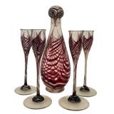 DR - Vintage Nancy Freeman Pulled Feather Art Glass Cordial Set with Decanter