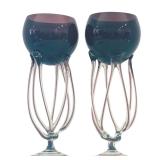 DR - Pair of Vintage Blown Glass Octopus Jellyfish Vases, Purple, 11 Inch