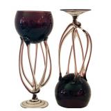 DR - Pair of Vintage Blown Glass Octopus Jellyfish Vases, Purple, 11 Inch