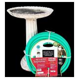 G - Resin Sunflower Design Birdbath and 50 ft Heavy Duty Garden Hose Bundle