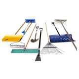 G - Group of Outdoor and Garage Tools Including Shovels, Rakes, Push Brooms, and Roof Rake