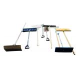 G - Group of Outdoor and Garage Tools Including Shovels, Rakes, Push Brooms, and Roof Rake