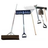 G - Group of Outdoor and Garage Tools Including Shovels, Rakes, Push Brooms, and Roof Rake
