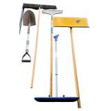 G - Group of Outdoor and Garage Tools Including Shovels, Rakes, Push Brooms, and Roof Rake