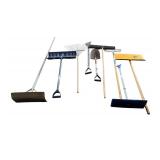 G - Group of Outdoor and Garage Tools Including Shovels, Rakes, Push Brooms, and Roof Rake