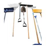 G - Group of Outdoor and Garage Tools Including Shovels, Rakes, Push Brooms, and Roof Rake
