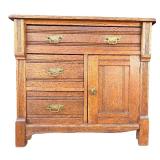 G - Vintage Oak Commode Table with Three Drawers and Cabinet