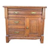 G - Vintage Oak Commode Table with Three Drawers and Cabinet