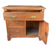 G - Vintage Oak Commode Table with Three Drawers and Cabinet