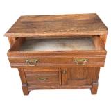 G - Vintage Oak Commode Table with Three Drawers and Cabinet
