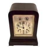 LR - Vintage German Art Deco Oak Mantle Clock with Silver Dial