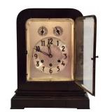LR - Vintage German Art Deco Oak Mantle Clock with Silver Dial