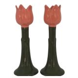 DR - Pair of 9.5 Inch Tulip Candlesticks with Green Leaf Stems