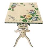 DR  - Hand-Painted Accent Table with Birdhouse Motif and Decorative Birdcage
