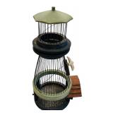 DR  - Hand-Painted Accent Table with Birdhouse Motif and Decorative Birdcage