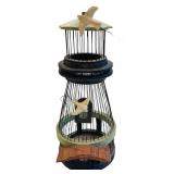 DR  - Hand-Painted Accent Table with Birdhouse Motif and Decorative Birdcage