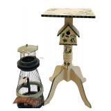 DR  - Hand-Painted Accent Table with Birdhouse Motif and Decorative Birdcage