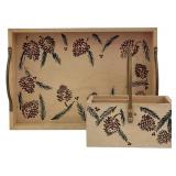 LR - Painted Wooden Serving Tray and Condiment Cubby Set with Pinecone Design