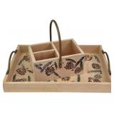 LR - Painted Wooden Serving Tray and Condiment Cubby Set with Pinecone Design