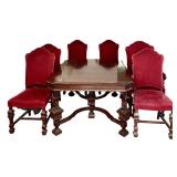 DR - Vintage Dining Table with 6 Red Upholstered Chairs and Leaves
