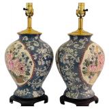 DR - Pair of 21 Inch Ceramic Table Lamps with Floral Design, No Shades