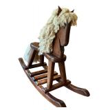 LR - Vintage Wooden Rocking Horse with Yarn Mane and Tail