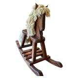 LR - Vintage Wooden Rocking Horse with Yarn Mane and Tail
