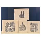 Set of 4 Department 56 Dickens Village Series Handpainted Porcelain Buildings
