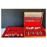 K - Vintage Oneida USA 48-Piece Silverplate Flatware Set with Serving Pieces in Wooden Case