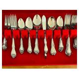 K - Vintage Oneida USA 48-Piece Silverplate Flatware Set with Serving Pieces in Wooden Case