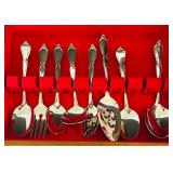 K - Vintage Oneida USA 48-Piece Silverplate Flatware Set with Serving Pieces in Wooden Case