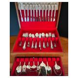 K - Vintage Oneida USA 48-Piece Silverplate Flatware Set with Serving Pieces in Wooden Case