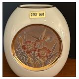 K - Vintage Chokin Art Vase with 24KT Gold Edge and Floral Bird Design, 5 Inch