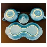 K - Fiesta Blue Ceramic Creamer, Sugar, Tray and Butter Dish Set