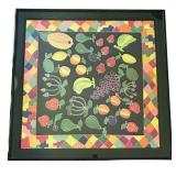 K - Framed Fruit and Geometric Pattern Textile Art
