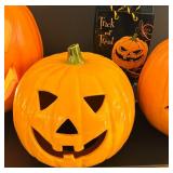 K - Halloween Decor Lot with 3 Light-Up Jack-O-Lanterns and 33 Inch Cat Sign